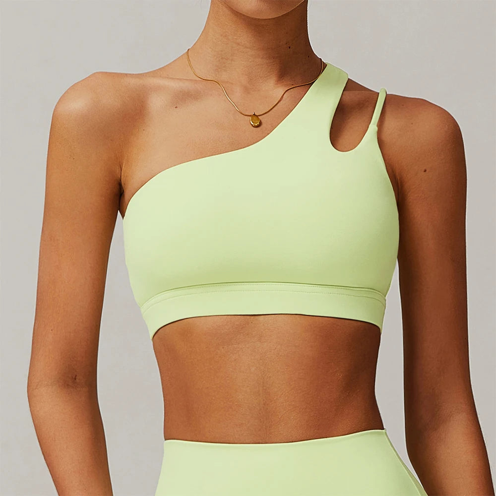 Oblique Shoulder Yoga Bra Women's Beautiful Back Gym Sports Underwear Hollow out Back Running Fitness Vest Push Up Workout Top